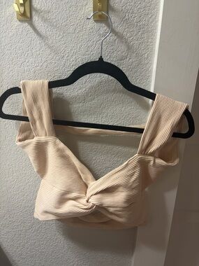 Ribbed Twist-Front Crop Top - Beige